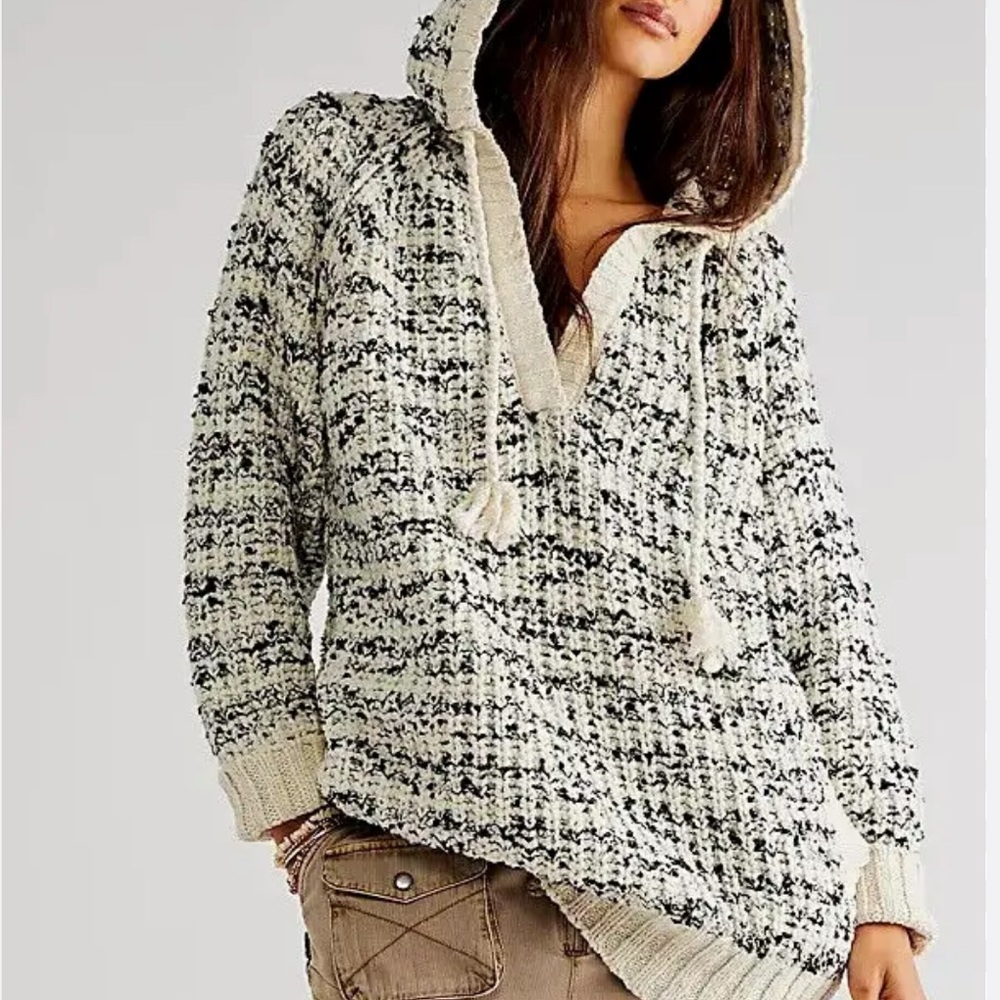 New Free People Never Leaving XS Black Marled Chunky Slouchy Hoodie Pullover